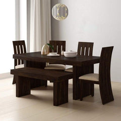 Sheesham Wood Dining Set Six Seater with Bench in Walnut Finish-Wooden Crest