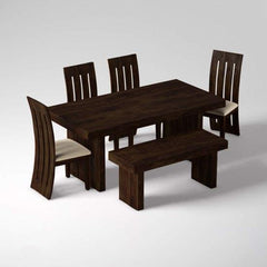 Sheesham Wood Dining Set Six Seater with Bench in Walnut Finish-Wooden Crest