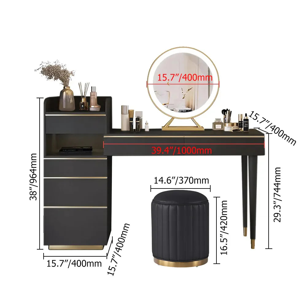 Modern Black Makeup Vanity Set with Lighted Mirror and Stool