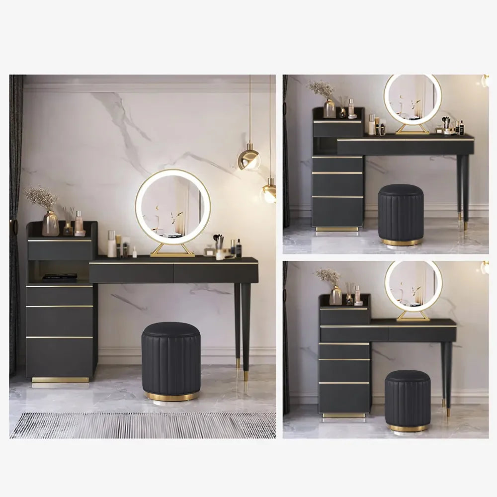 Modern Black Makeup Vanity Set with Lighted Mirror and Stool