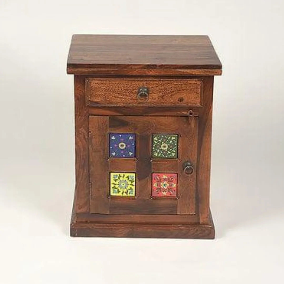 Bohemian Side Cabinet with Ceramic Tile Inlay