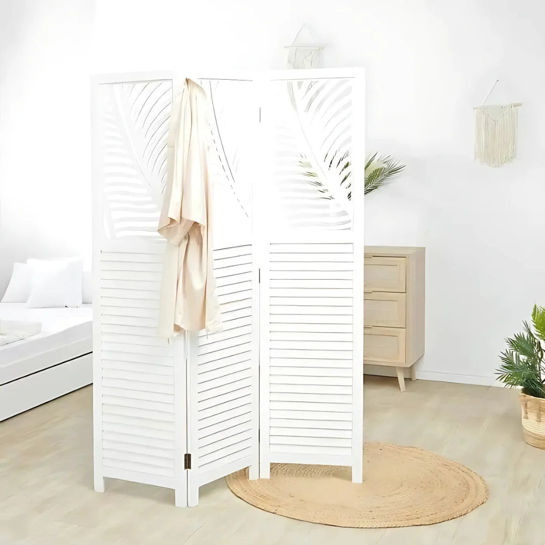 Modern Three-Panel Room Divider with Palm Leaf Design