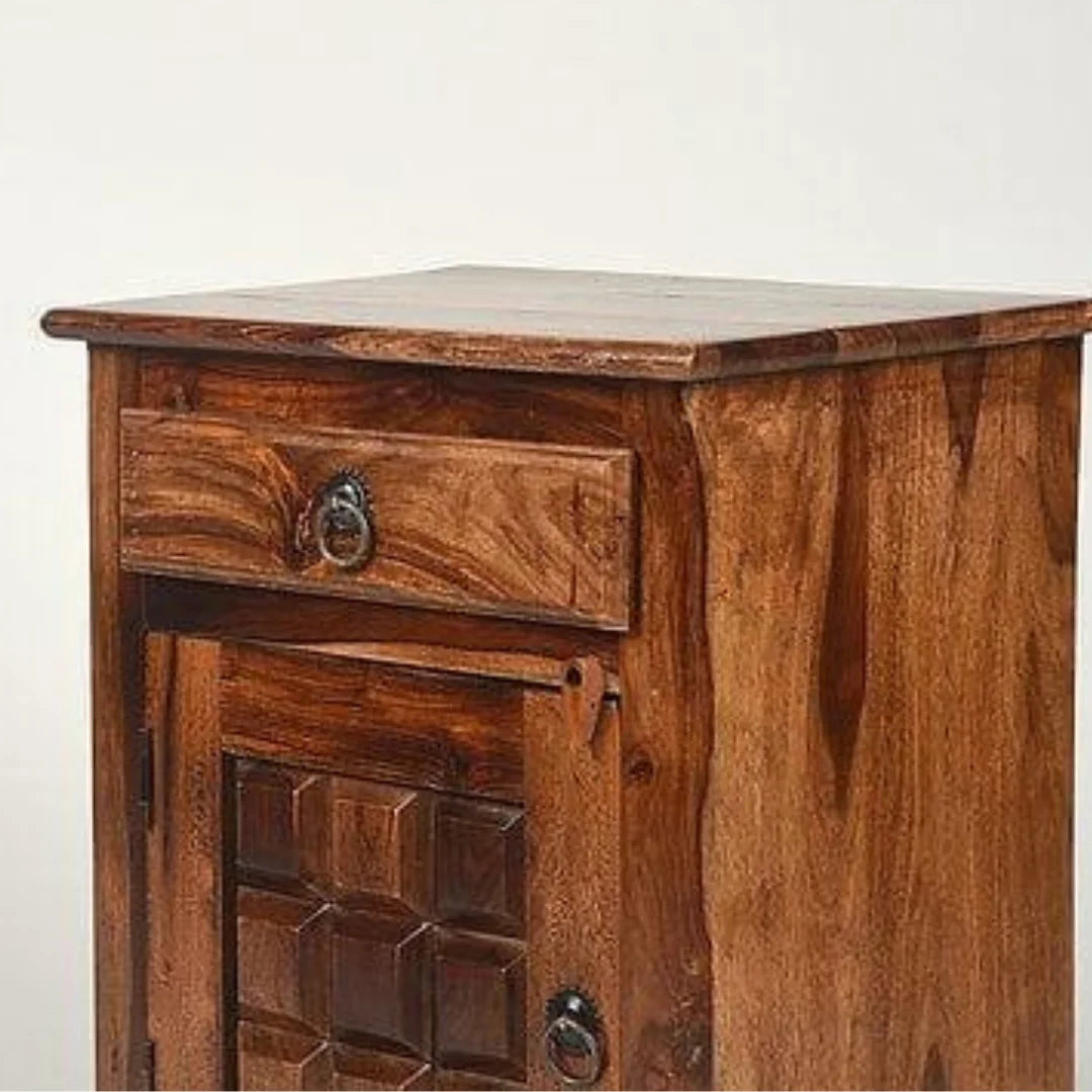 Rustic Bedside Cabinet with Geometric Door Panel