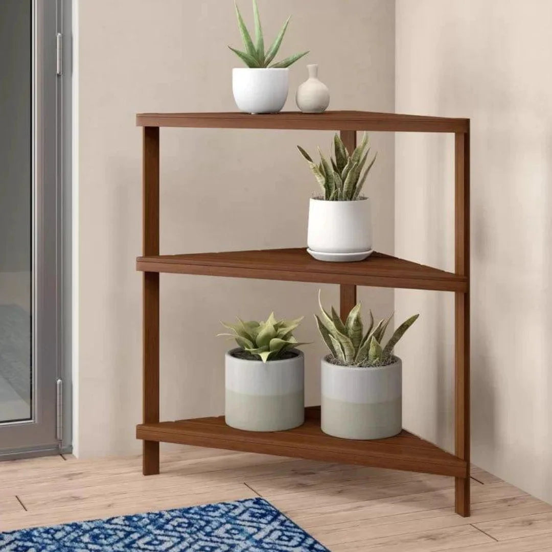 Modern Corner Plant Stand with Slatted Shelves