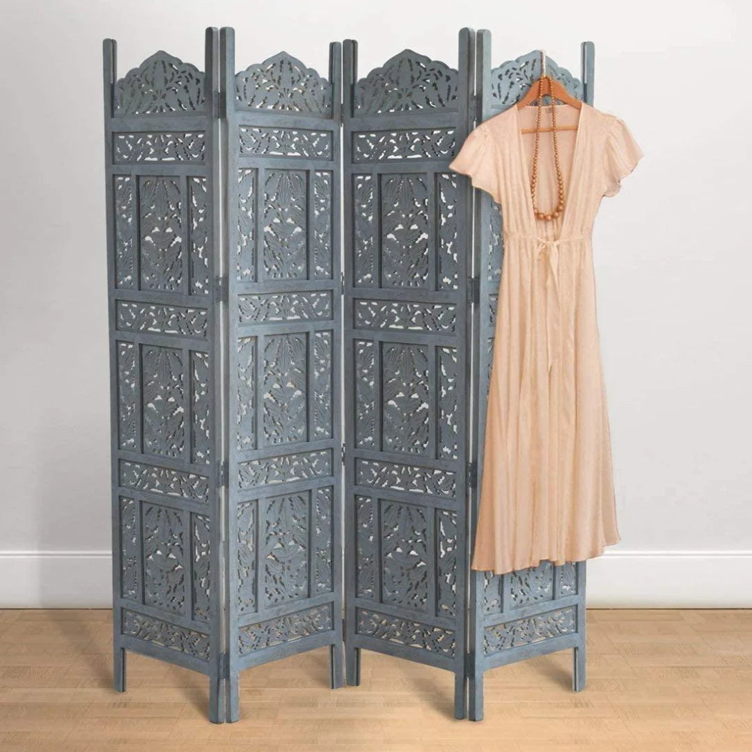 Moroccan Four-Panel Room Divider with Floral Jali Design-Wooden Crest
