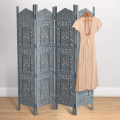 Moroccan Four-Panel Room Divider with Floral Jali Design-Wooden Crest