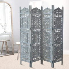 Moroccan Four-Panel Room Divider with Floral Jali Design-Wooden Crest