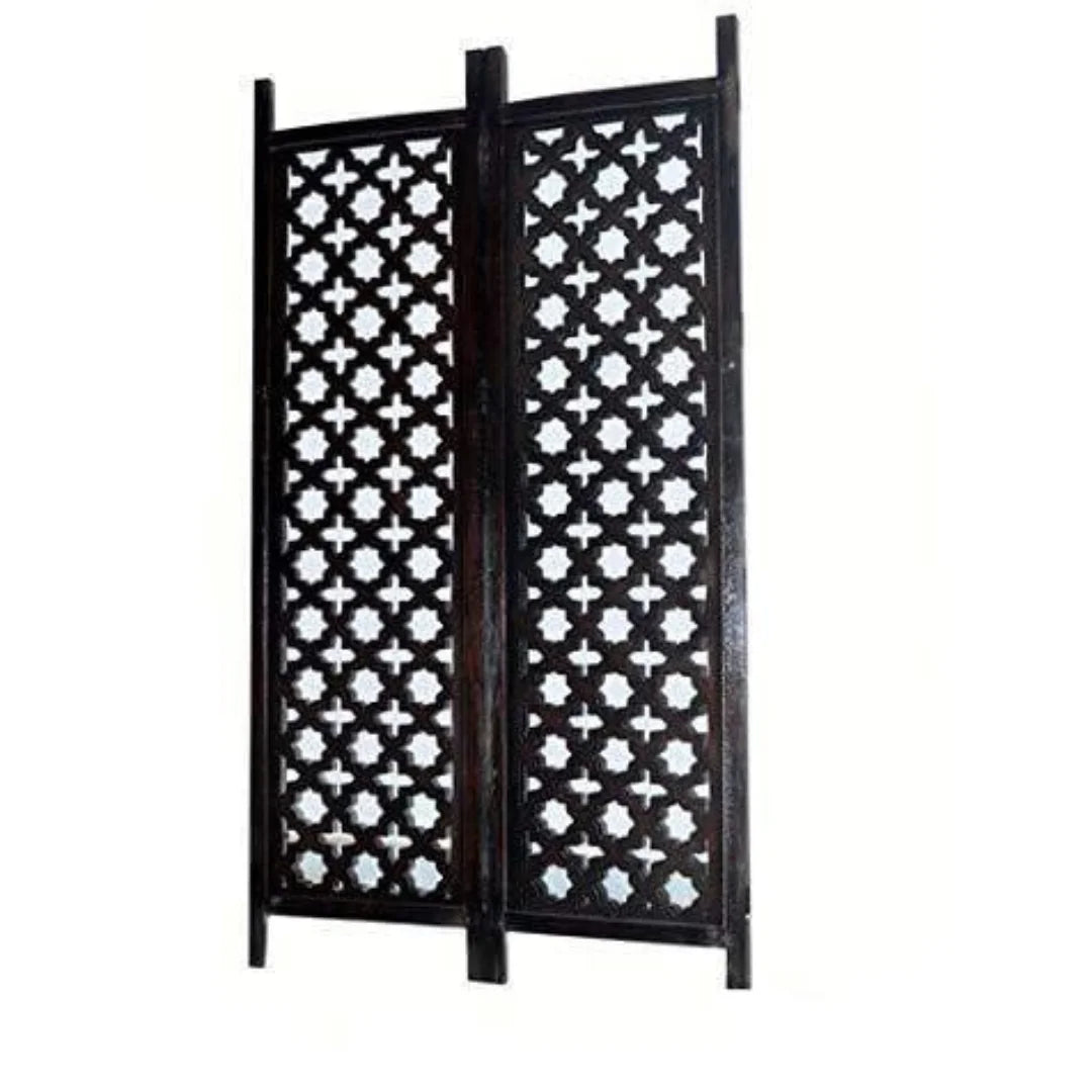 Antique Three-Panel Room Divider with Moroccan Lattice Design