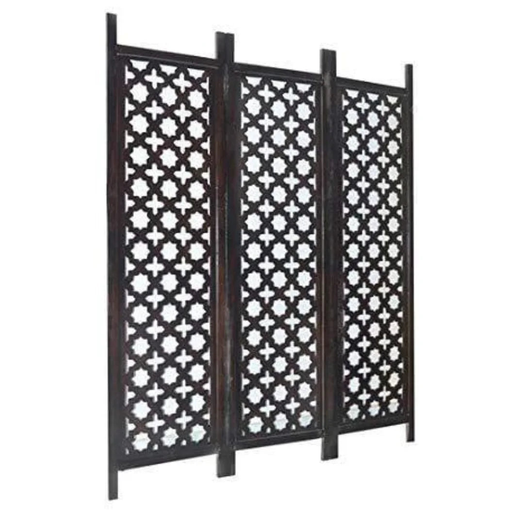 Antique Three-Panel Room Divider with Moroccan Lattice Design