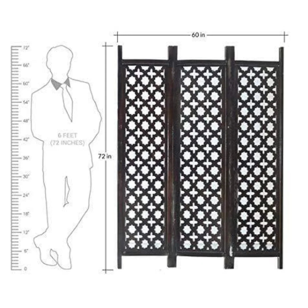 Antique Three-Panel Room Divider with Moroccan Lattice Design