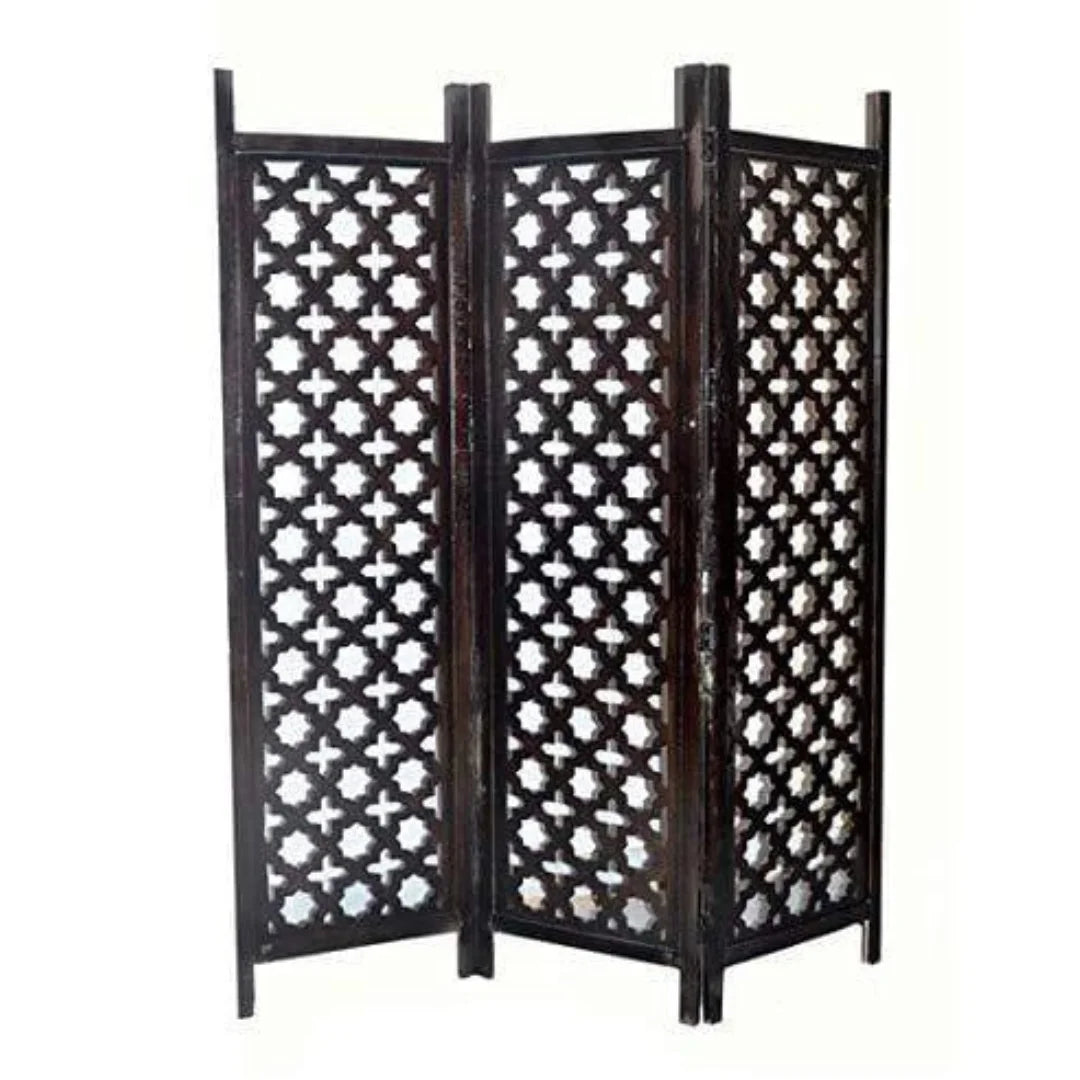 Antique Three-Panel Room Divider with Moroccan Lattice Design