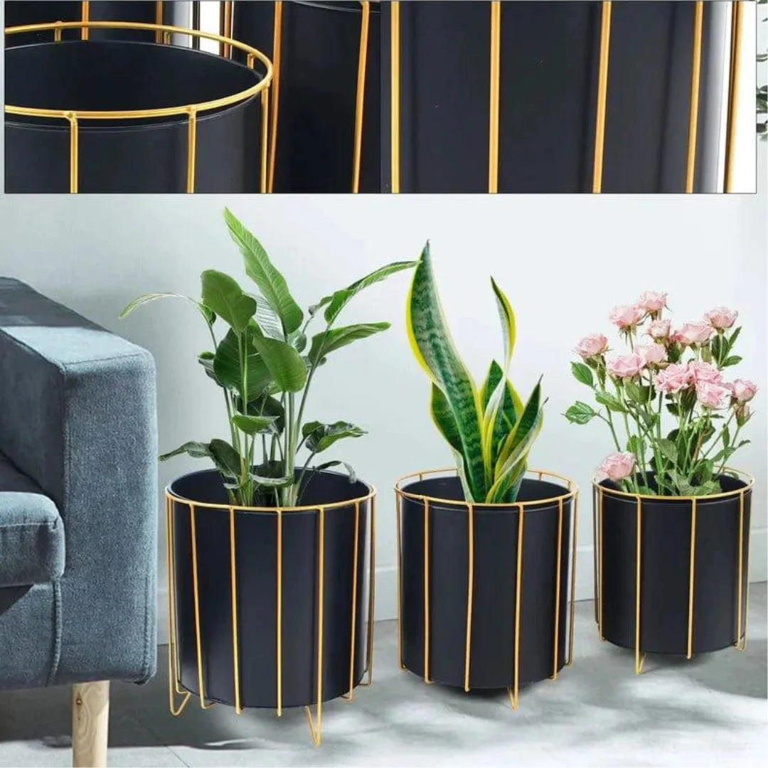 Modern Three-Piece Plant Stand Set with Vertical Bars-Wooden Crest