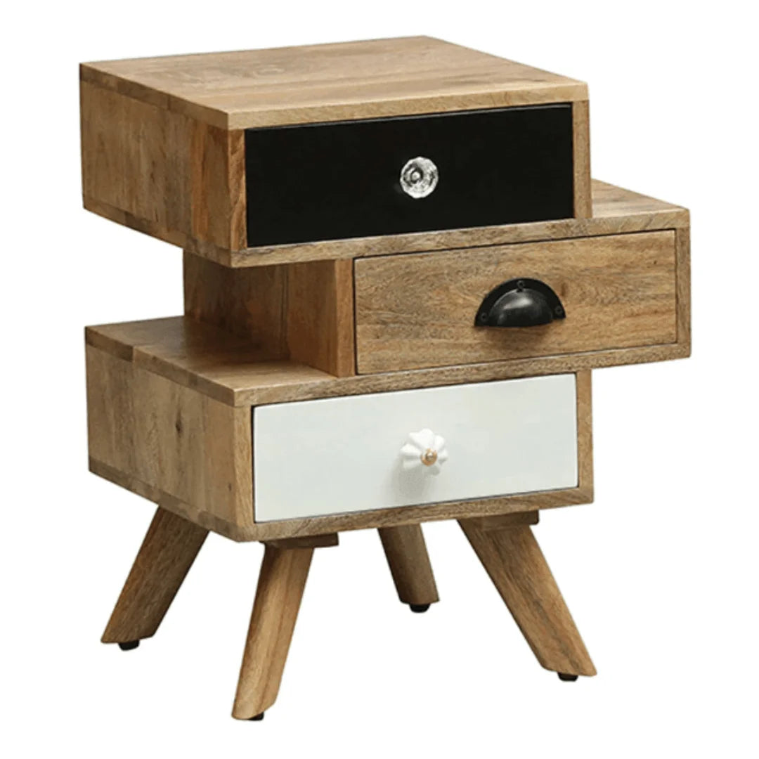 Modern Staggered Drawer Bedside Cabinet in Natural Finish