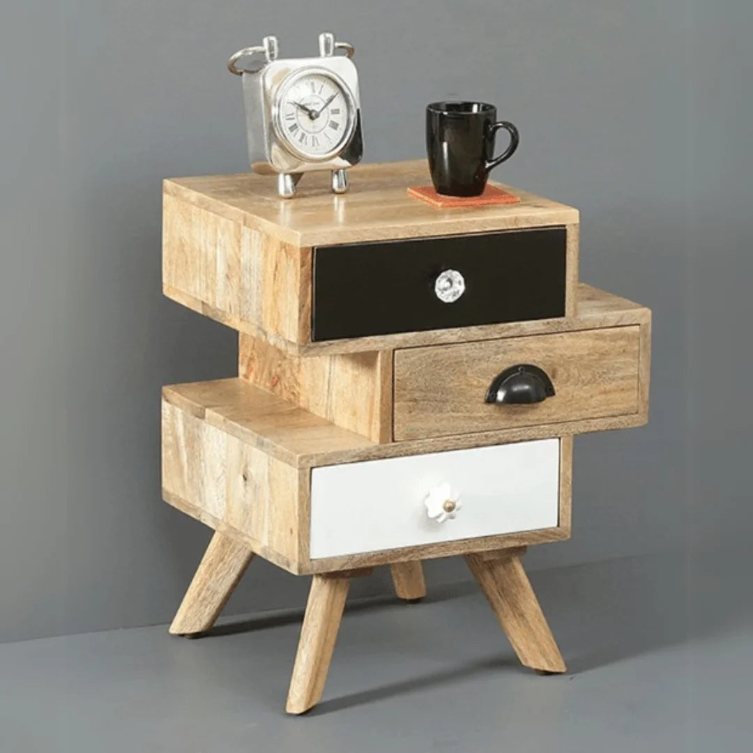 Modern Staggered Drawer Bedside Cabinet in Natural Finish