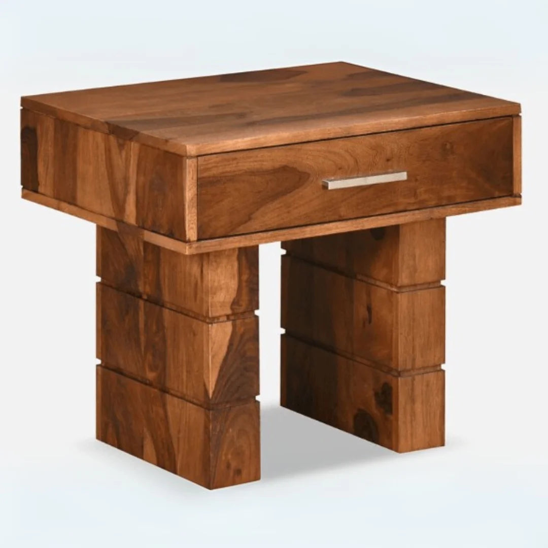 Modern Block-Leg Bedside Table with Single Drawer-Wooden Crest