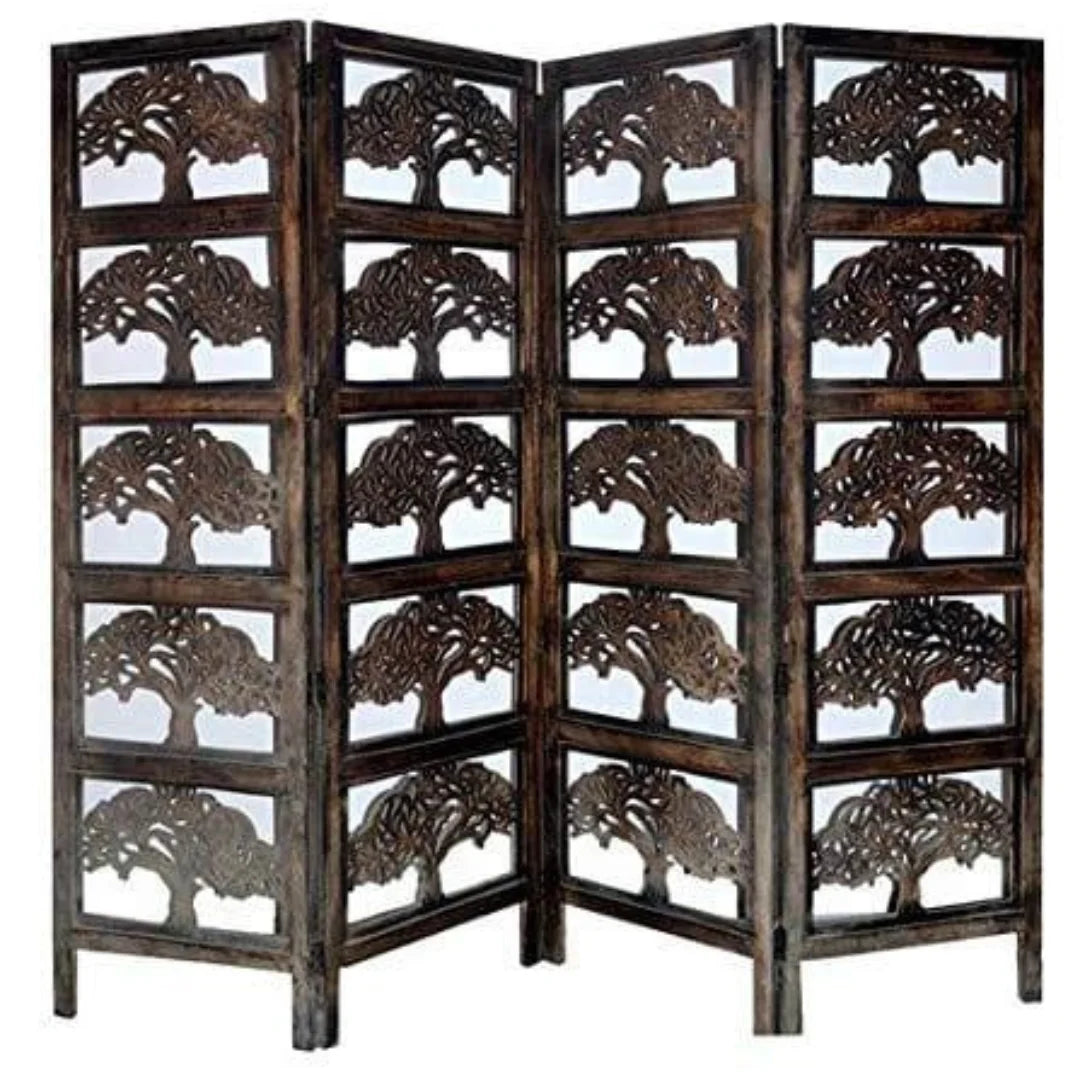 Heritage Four-Panel Room Divider with Antique Lattice Design