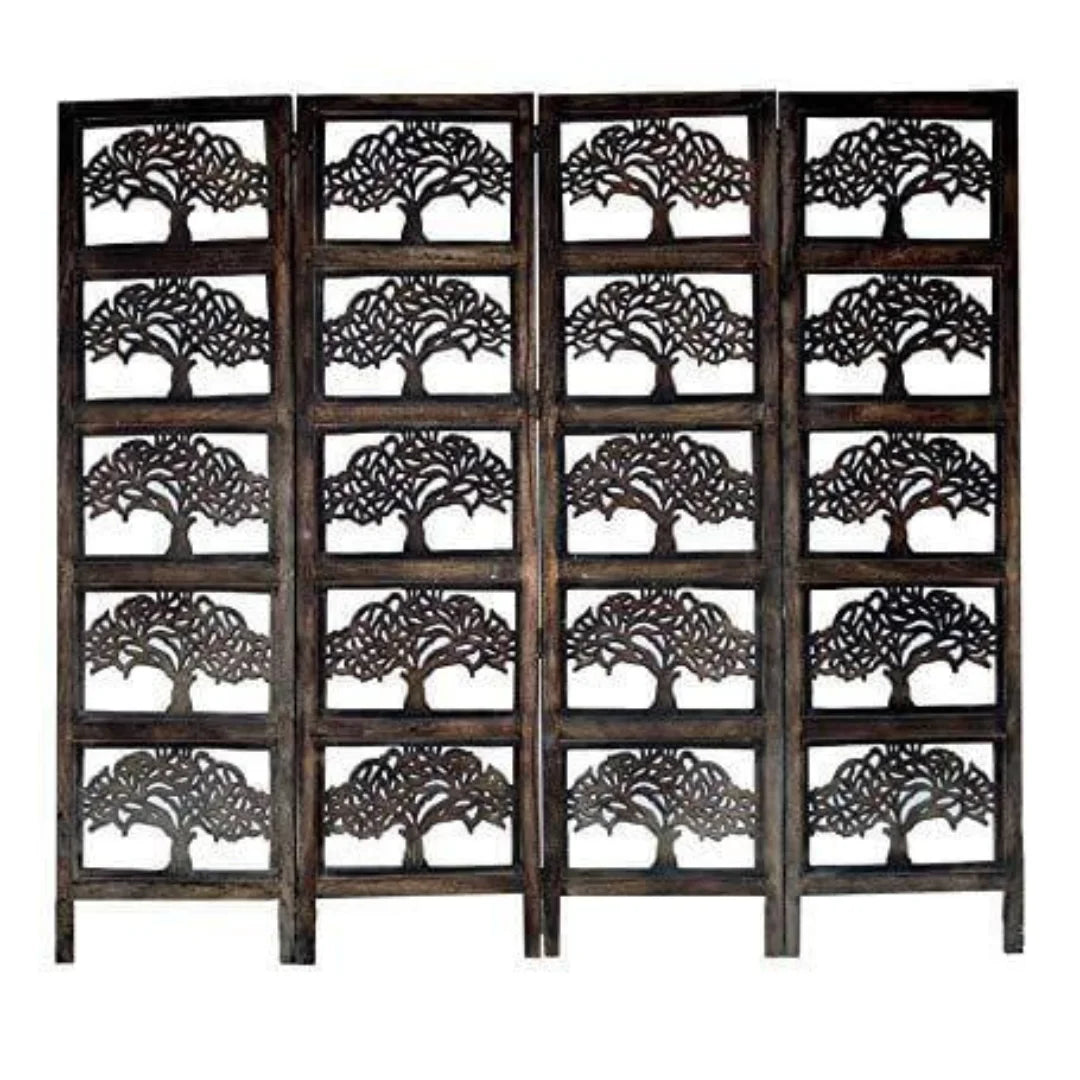 Heritage Four-Panel Room Divider with Antique Lattice Design