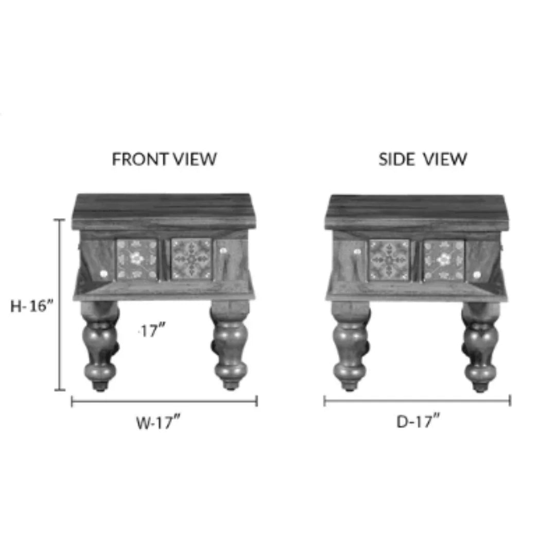 Traditional Bedside Table with Ceramic Tile Inlay