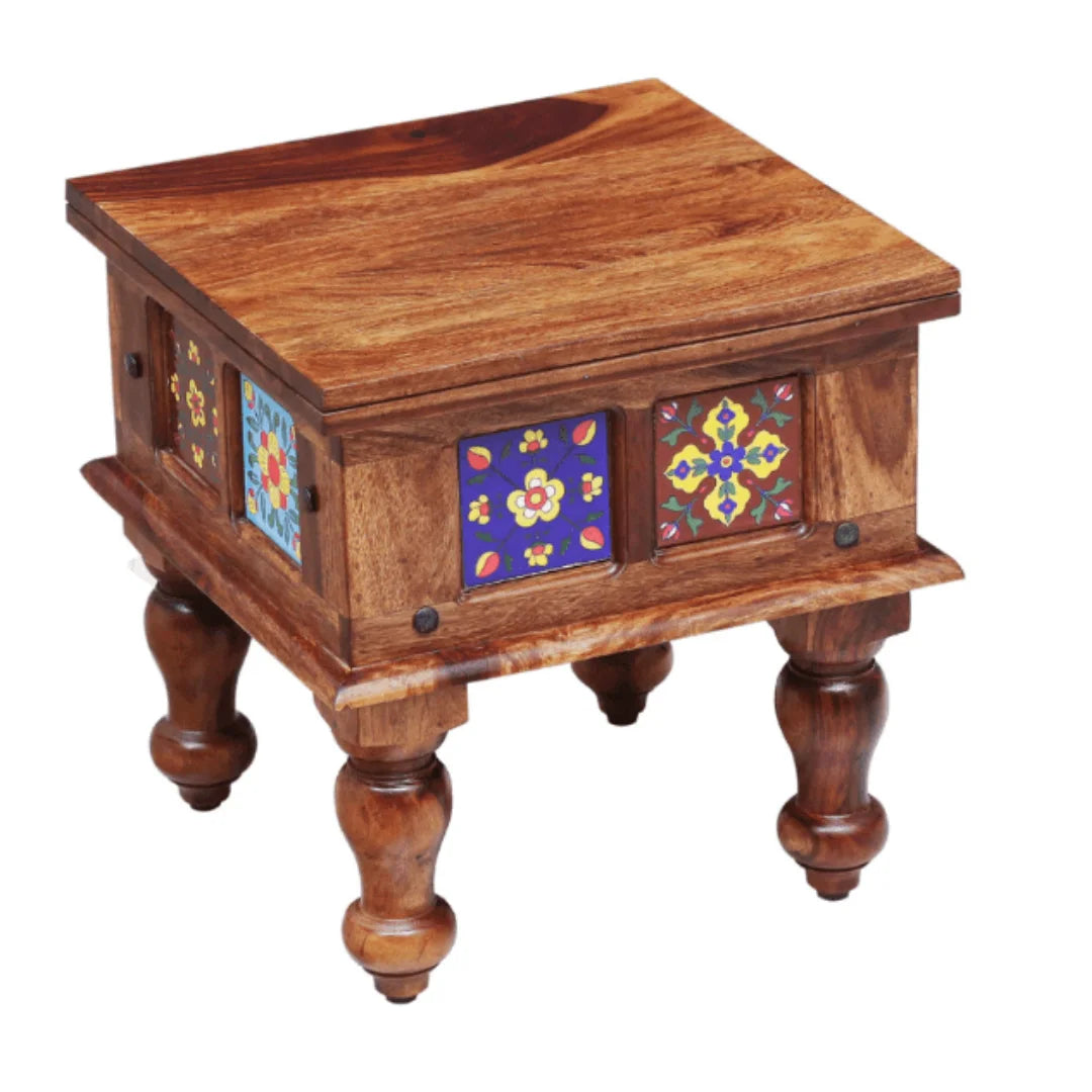 Traditional Bedside Table with Ceramic Tile Inlay