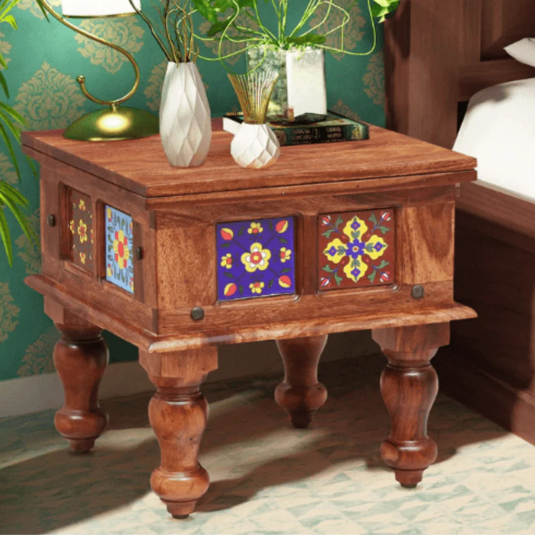 Traditional Bedside Table with Ceramic Tile Inlay