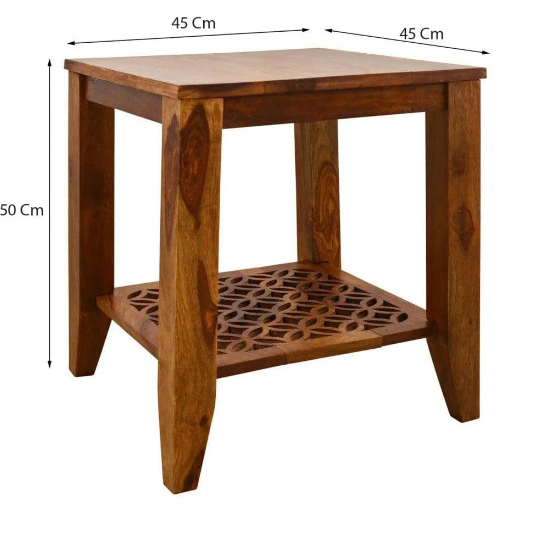 Modern Geometric Side Table with Carved Lattice Shelf