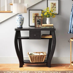 French Provincial Console Table with Curved Legs and Storage