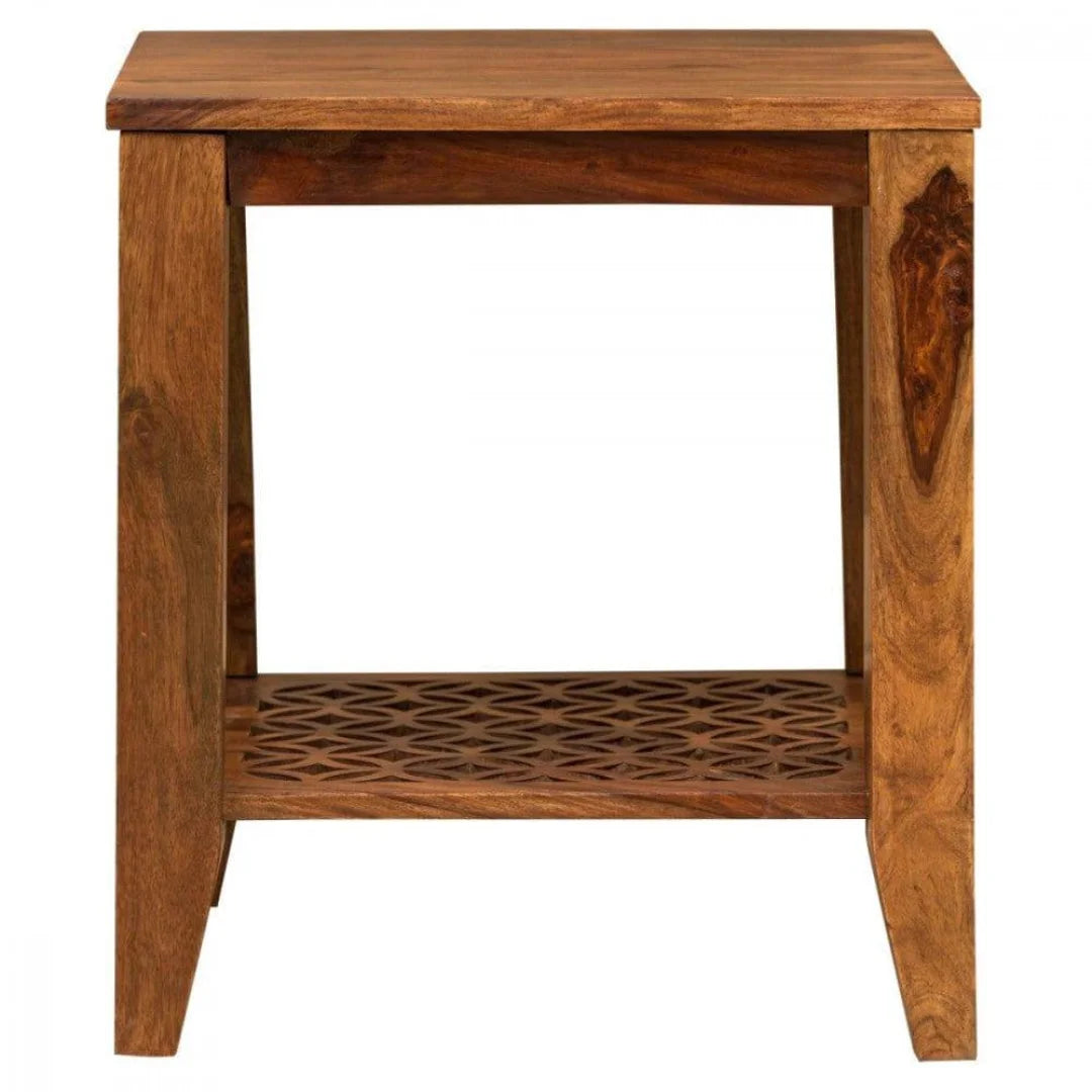 Modern Geometric Side Table with Carved Lattice Shelf