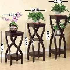Modern Three-Piece Plant Stand Set with Curved Design-Wooden Crest