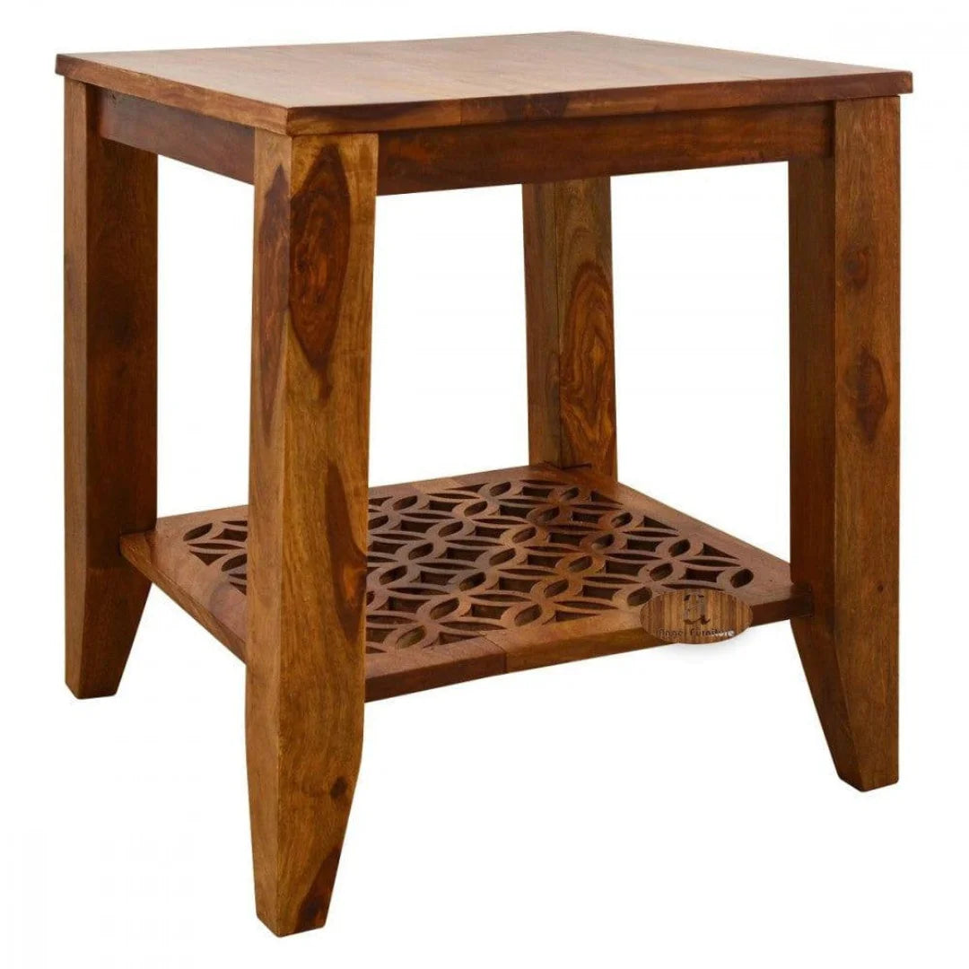 Modern Geometric Side Table with Carved Lattice Shelf