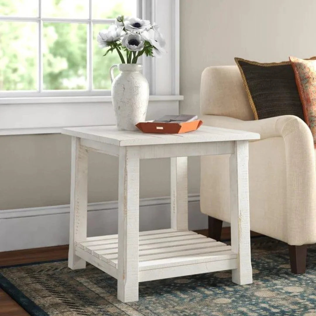 Rustic Farmhouse End Table with Slatted Shelf-Wooden Crest