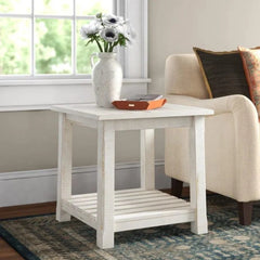 Rustic Farmhouse End Table with Slatted Shelf-Wooden Crest