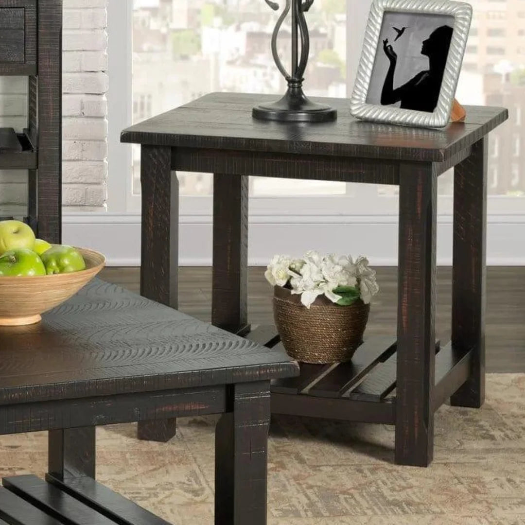 Rustic Farmhouse End Table with Slatted Shelf-Wooden Crest
