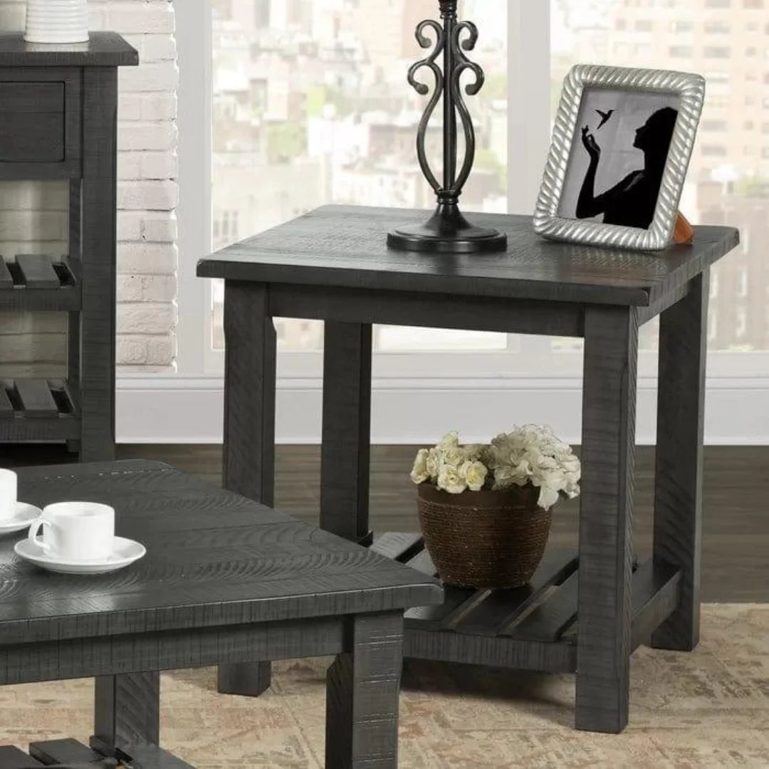 Rustic Farmhouse End Table with Slatted Shelf-Wooden Crest
