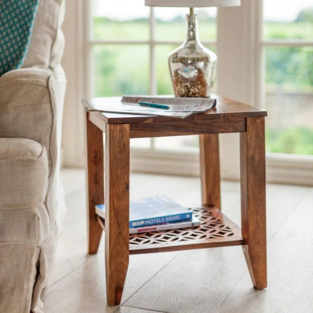 Modern Geometric Side Table with Carved Lattice Shelf