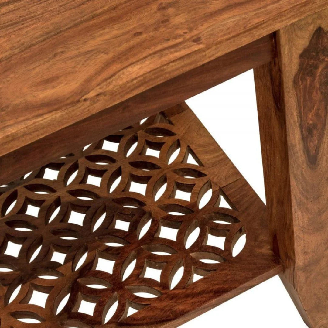 Modern Geometric Side Table with Carved Lattice Shelf