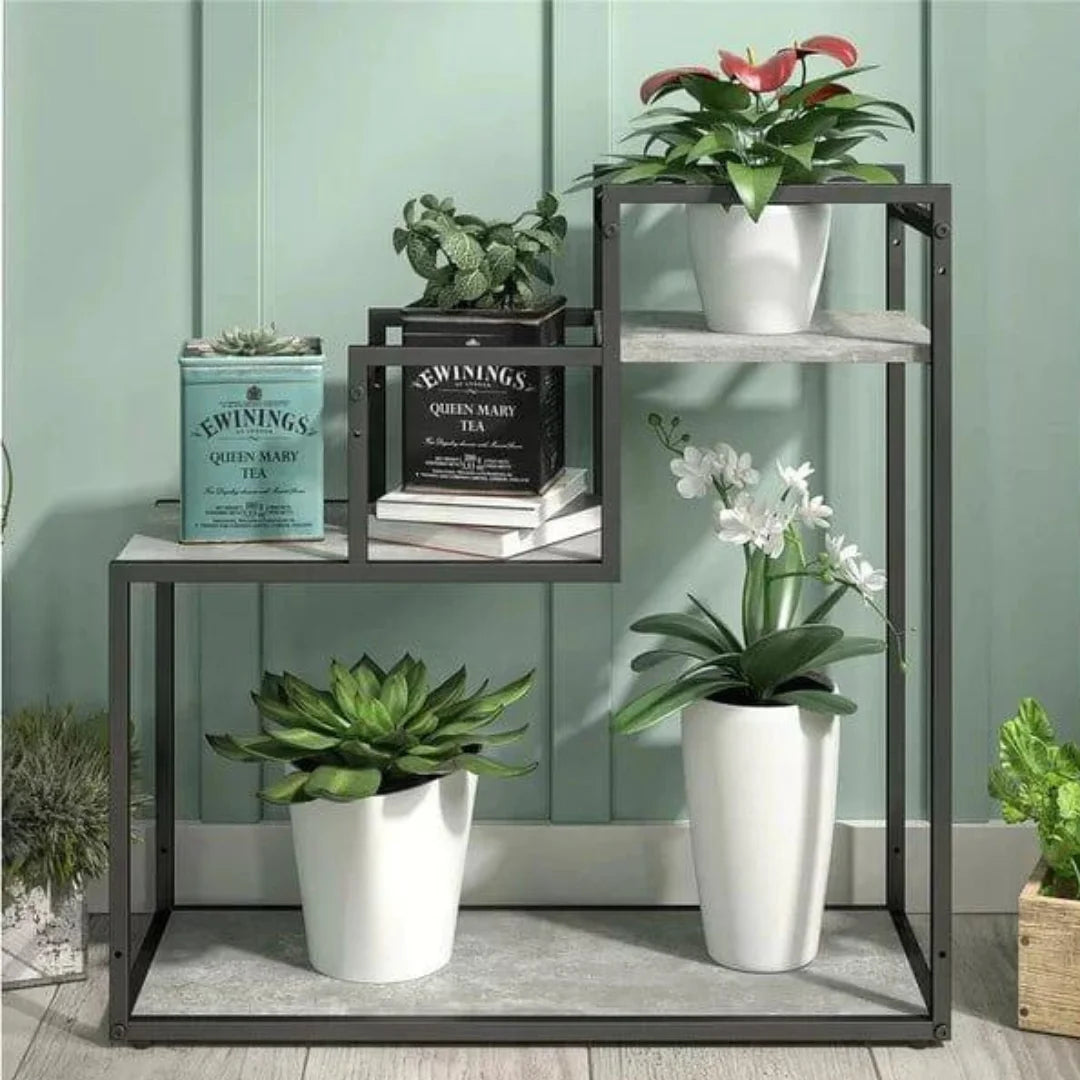 Modern Three-Tier Plant Stand with Stepped Design-Wooden Crest