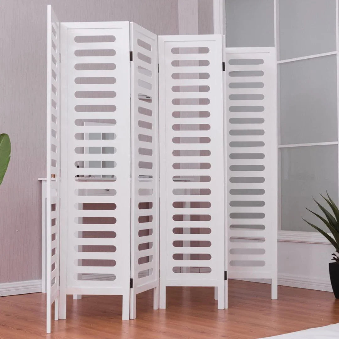 Palatial Six-Panel Room Divider with Lotus Fan Design-Wooden Crest