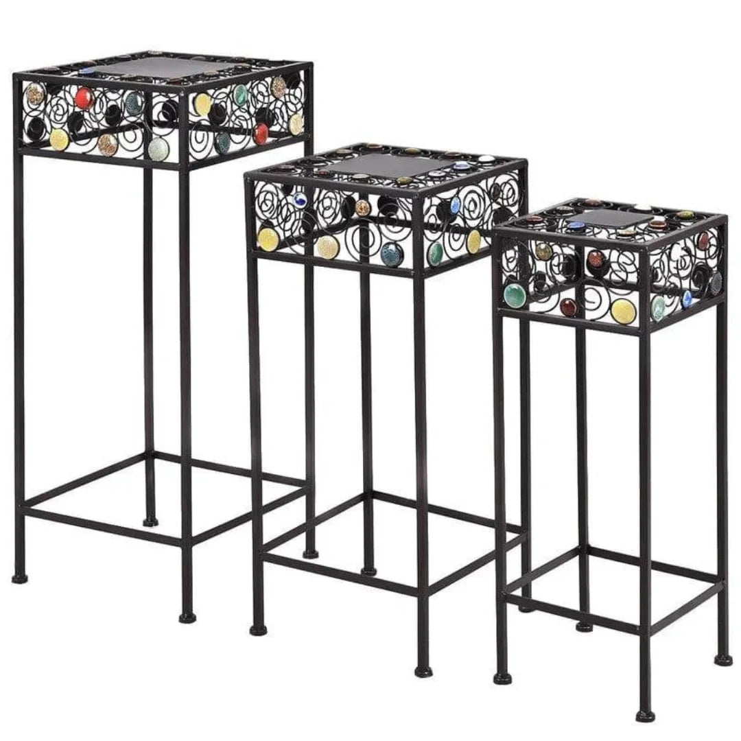 Modern Three-Piece Plant Stand Set with Decorative Rose Pattern-Wooden Crest