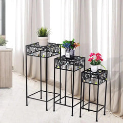 Modern Three-Piece Plant Stand Set with Decorative Rose Pattern-Wooden Crest