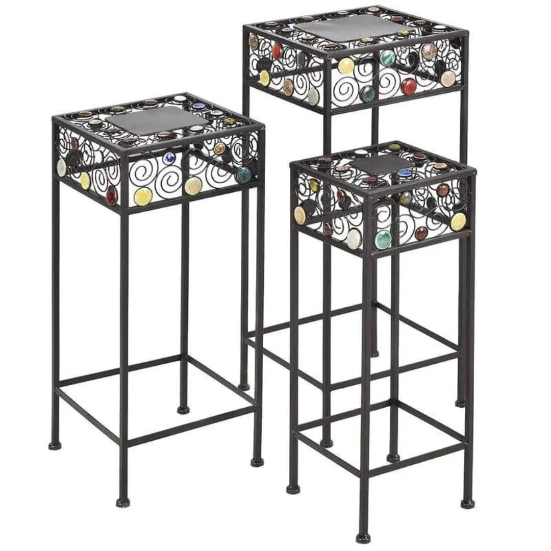Modern Three-Piece Plant Stand Set with Decorative Rose Pattern-Wooden Crest