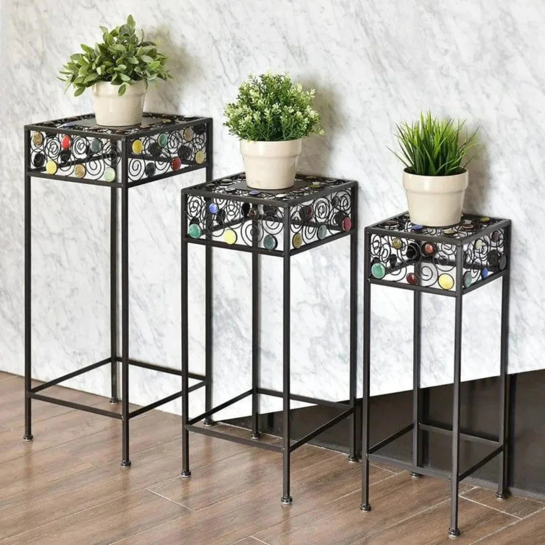 Modern Three-Piece Plant Stand Set with Decorative Rose Pattern-Wooden Crest