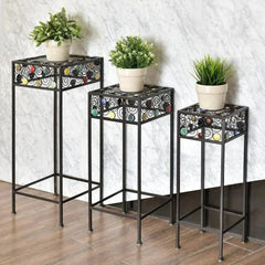 Modern Three-Piece Plant Stand Set with Decorative Rose Pattern-Wooden Crest