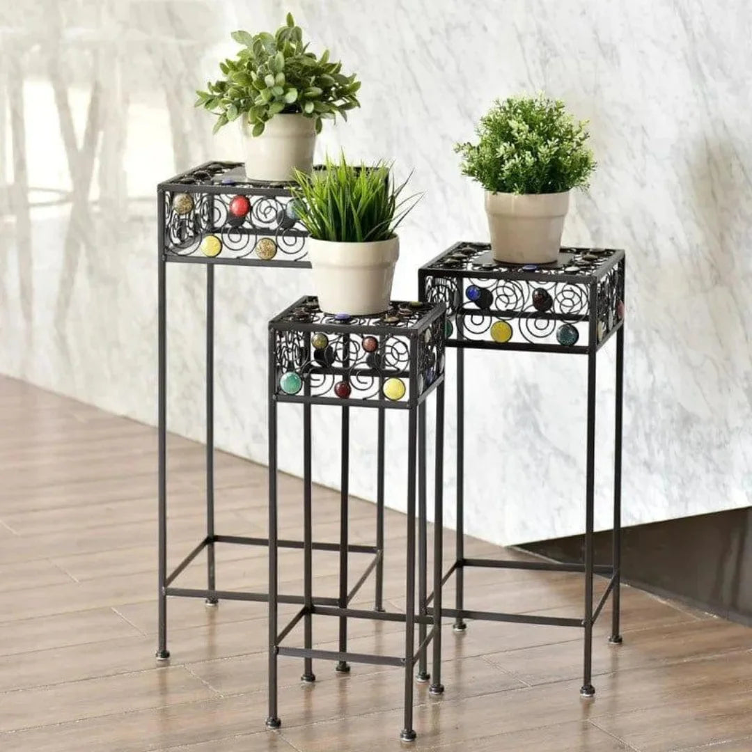 Modern Three-Piece Plant Stand Set with Decorative Rose Pattern-Wooden Crest