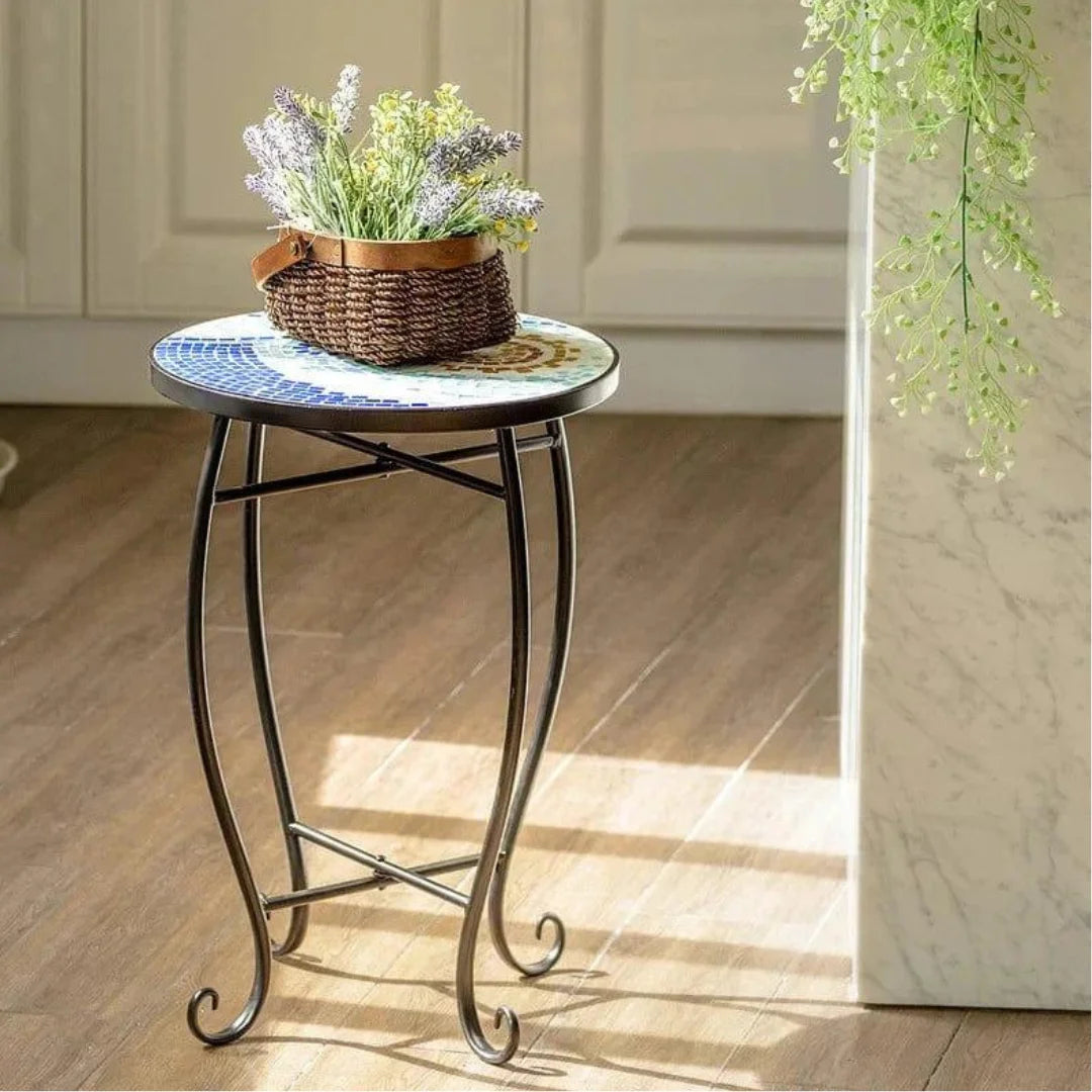 Mediterranean Round Plant Stand with Mosaic Top