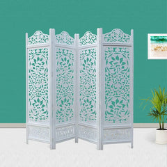 Victorian Four-Panel Room Divider with Floral Medallion Design-Wooden Crest