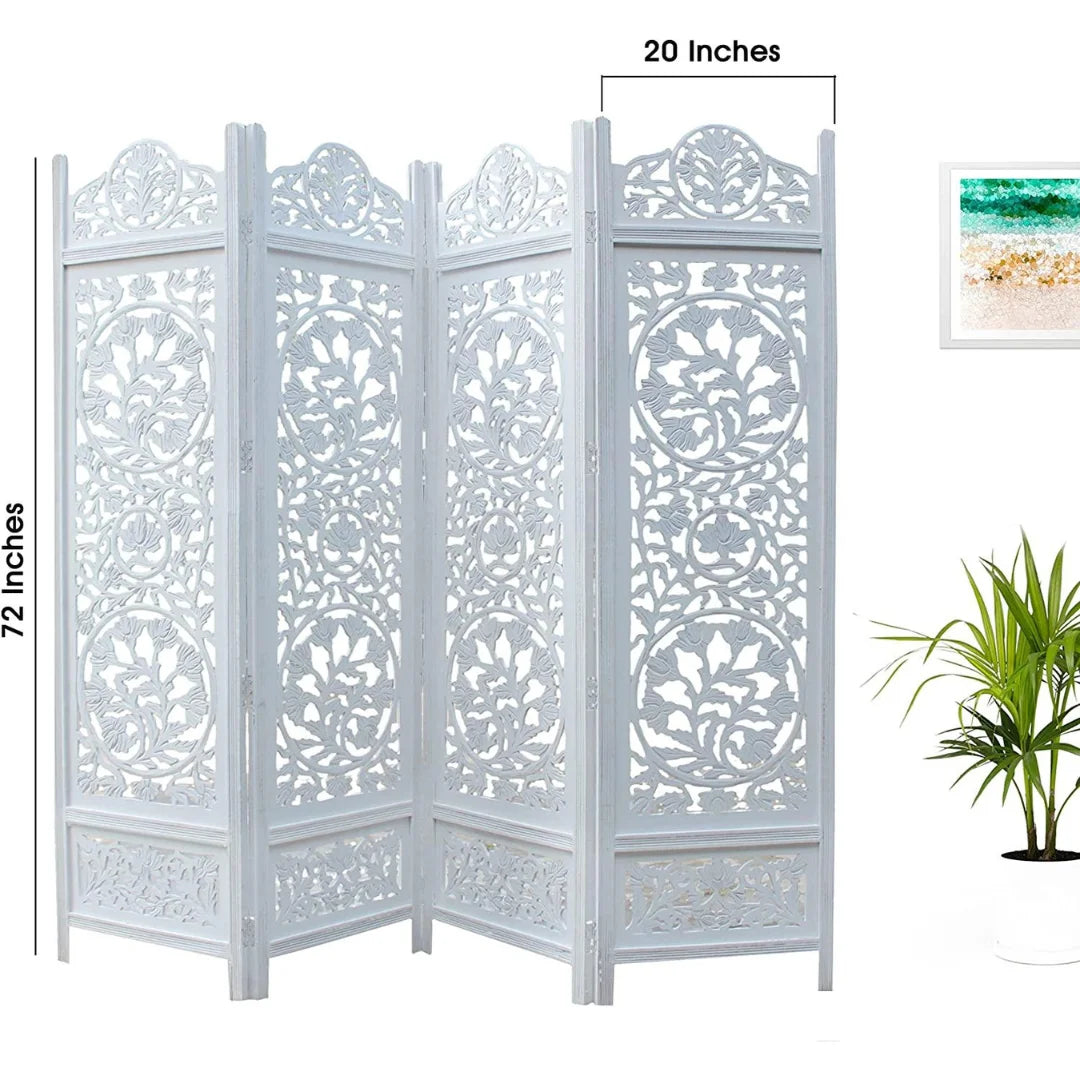 Victorian Four-Panel Room Divider with Floral Medallion Design-Wooden Crest
