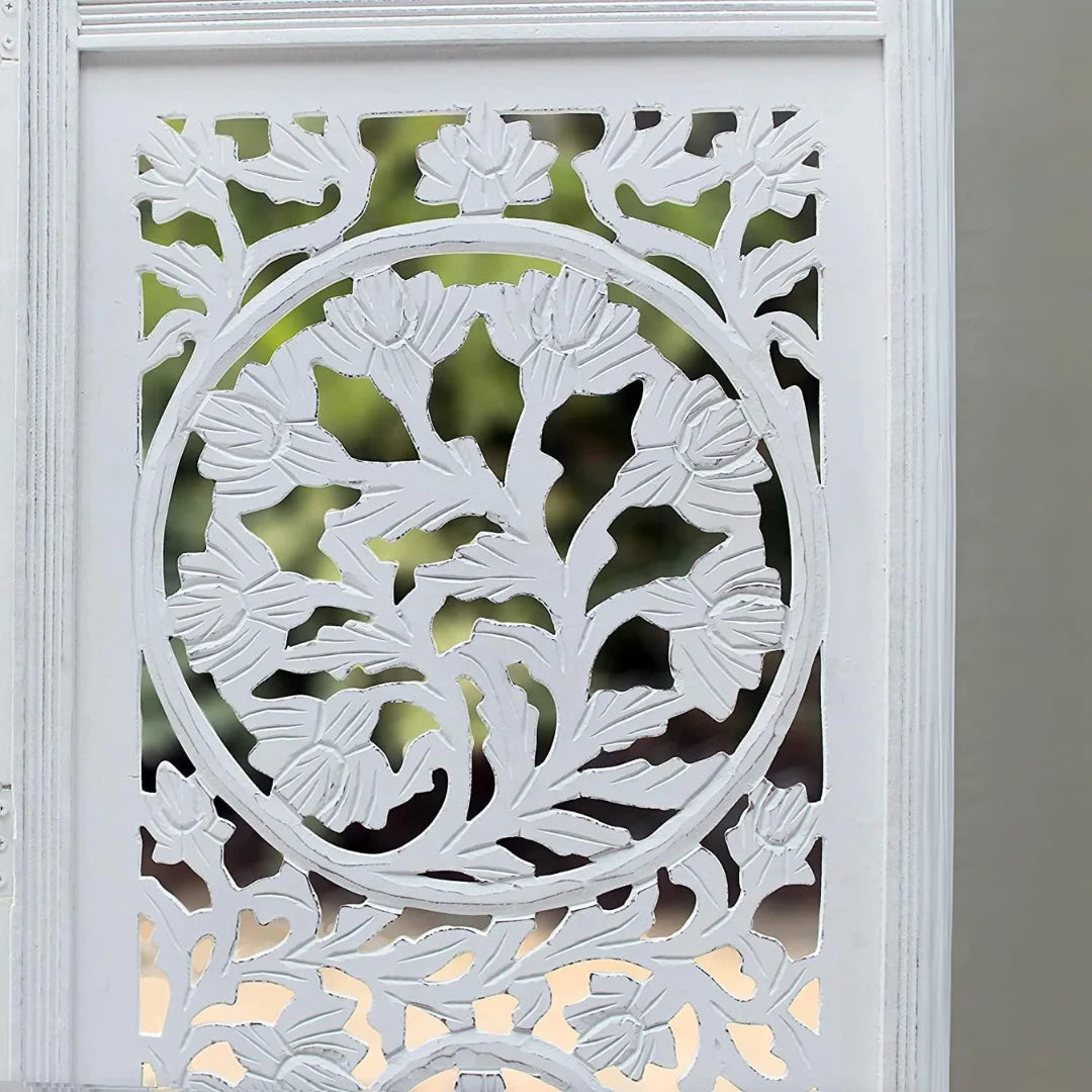 Victorian Four-Panel Room Divider with Floral Medallion Design-Wooden Crest