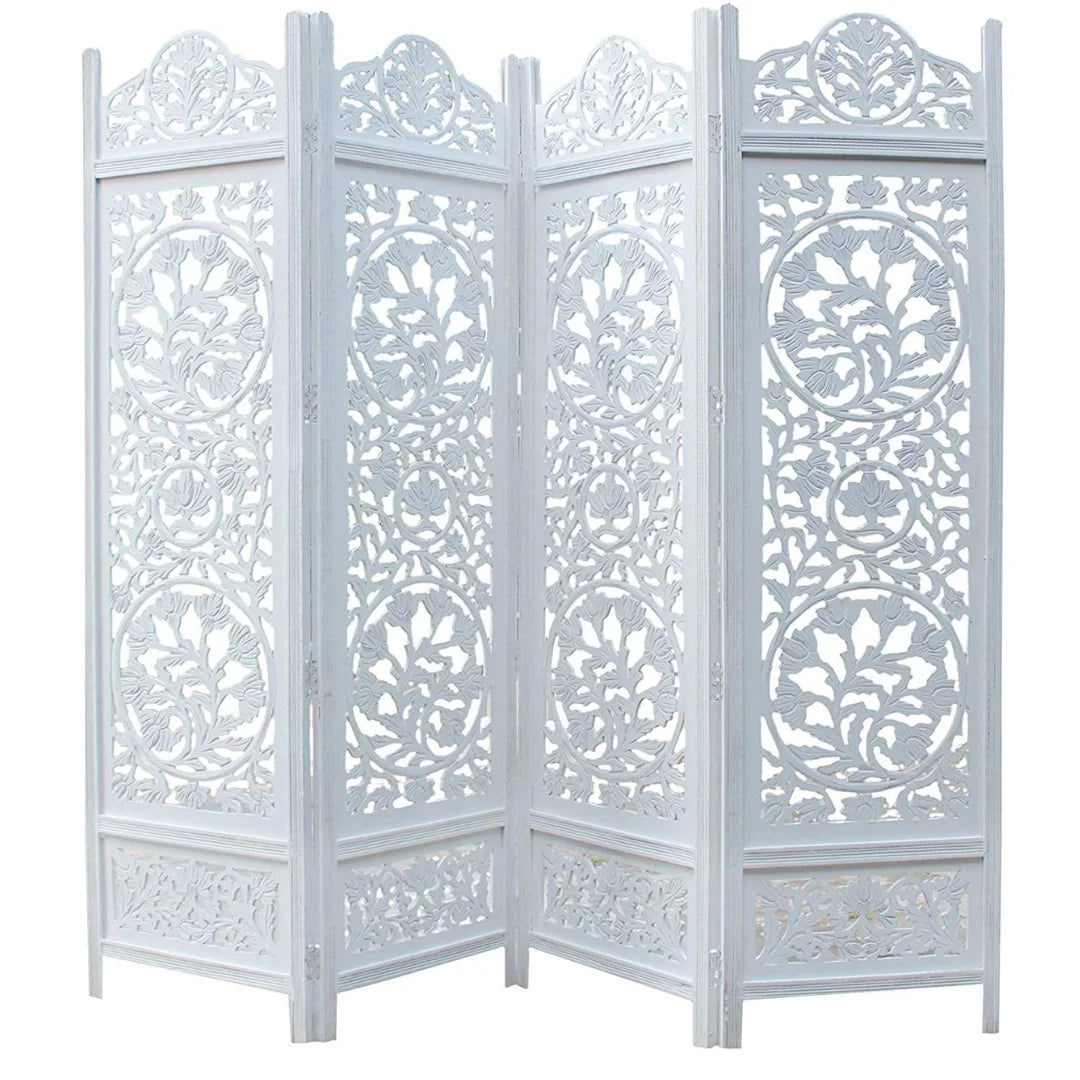 Victorian Four-Panel Room Divider with Floral Medallion Design-Wooden Crest