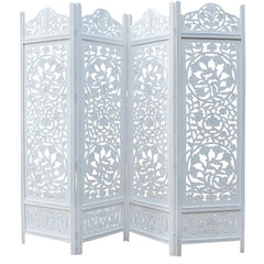Victorian Four-Panel Room Divider with Floral Medallion Design-Wooden Crest