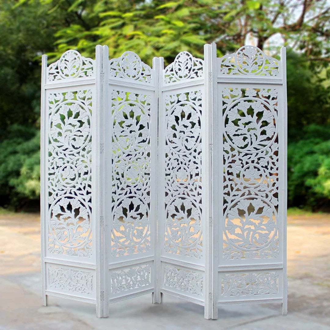 Victorian Four-Panel Room Divider with Floral Medallion Design-Wooden Crest
